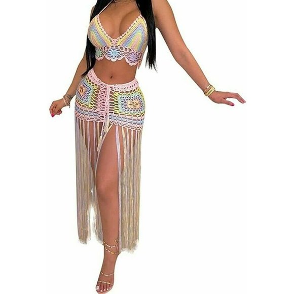 Unbranded Other - 2 Pcs Halter Backless Tassel Design Crochet Cover Up Set Bra Skirt NEW